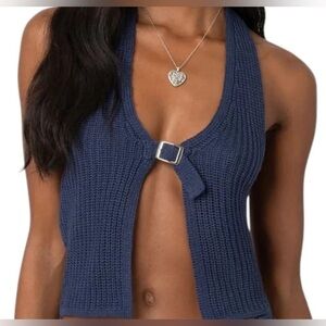 Edikted Weekender Belted Knit Navy Blue Halter Top Size Medium